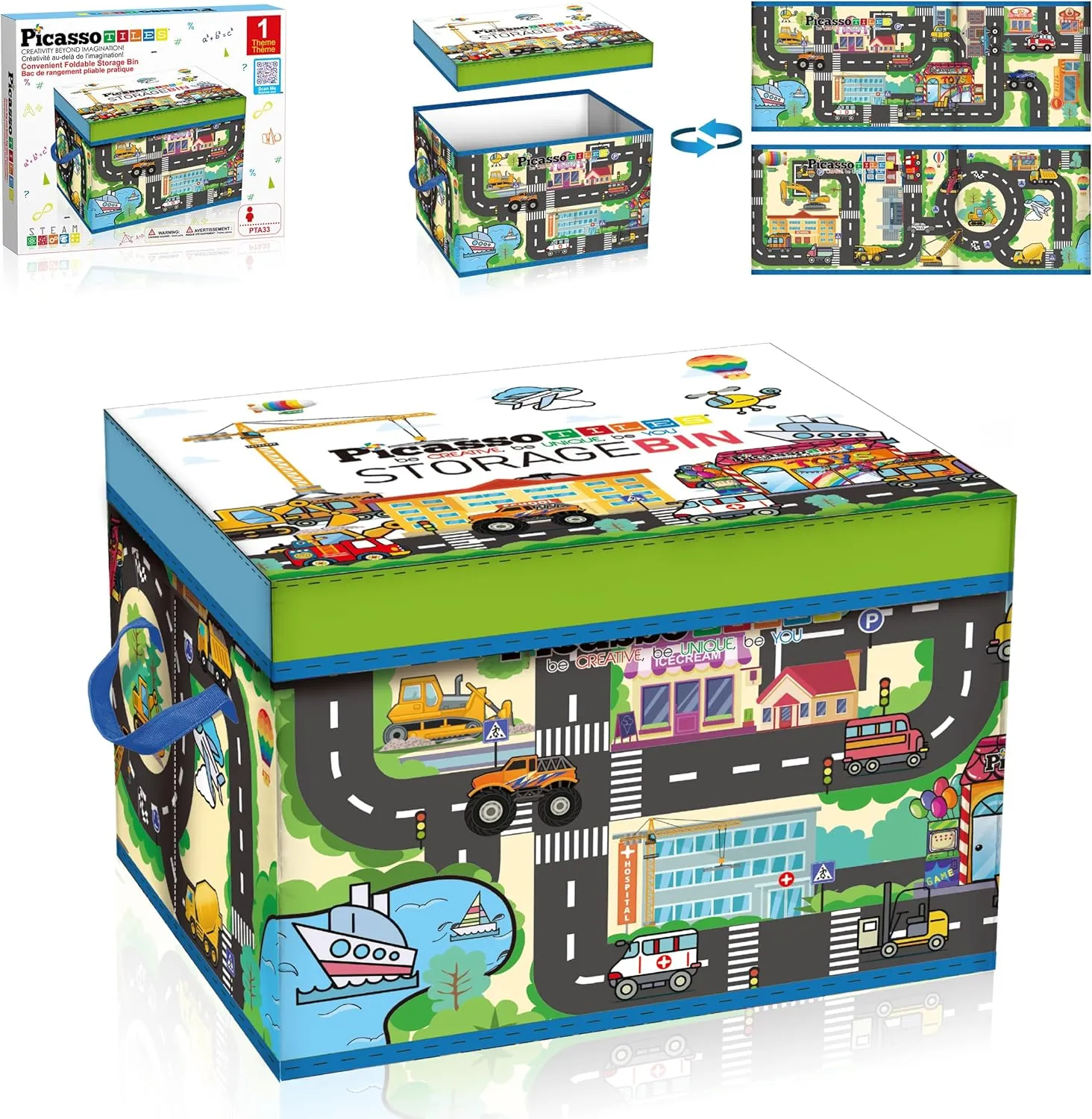 PicassoTiles Magnet Tile Toy Organizer Foldable City Theme Storage Bin Box with Lid and Handles Magnetic Tiles Building Blocks STEM Educational Pretend Play Playroom Toys Toddler Kids Ages 3 Up PTA33