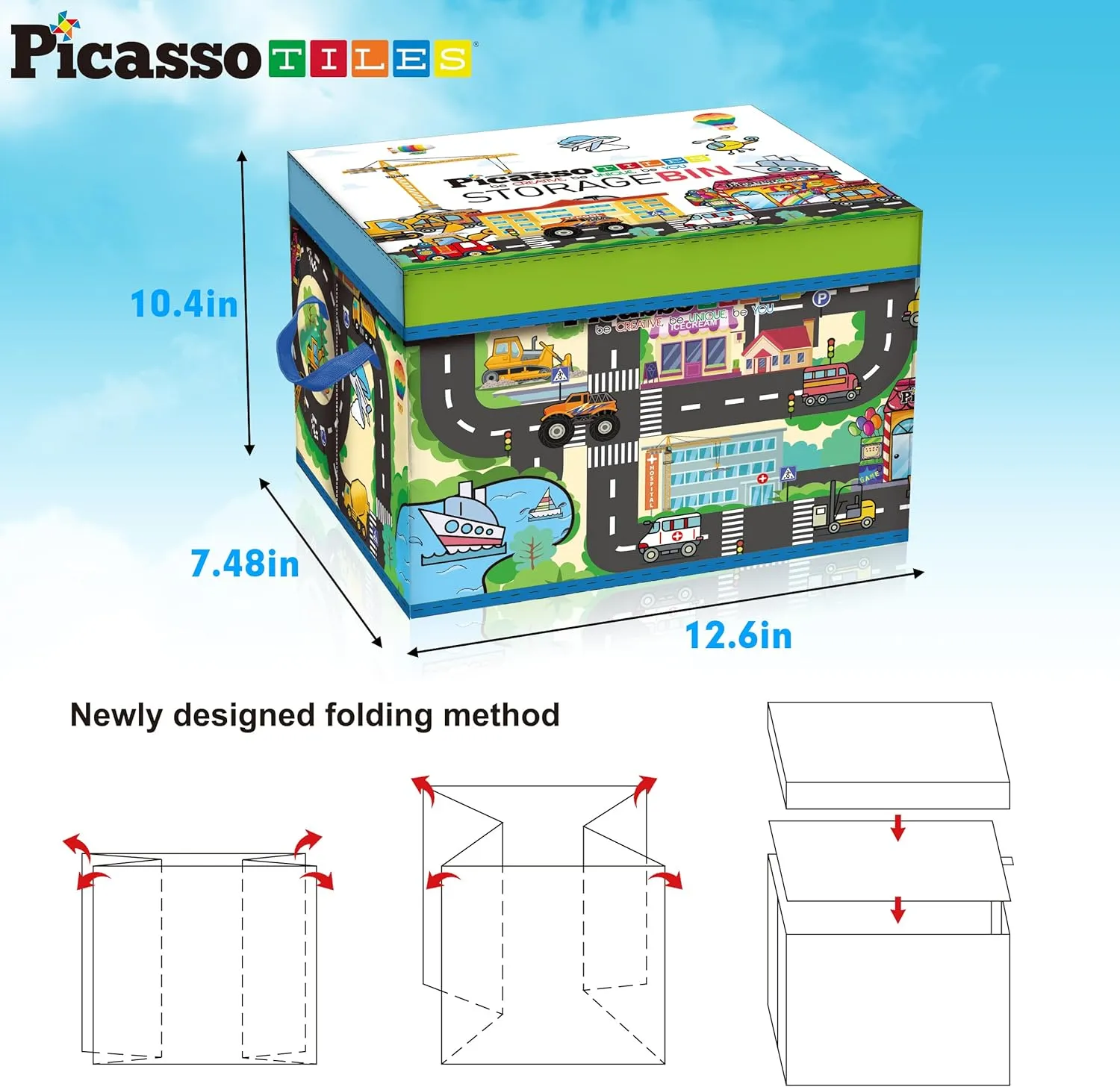 PicassoTiles Magnet Tile Toy Organizer Foldable City Theme Storage Bin Box with Lid and Handles Magnetic Tiles Building Blocks STEM Educational Pretend Play Playroom Toys Toddler Kids Ages 3 Up PTA33