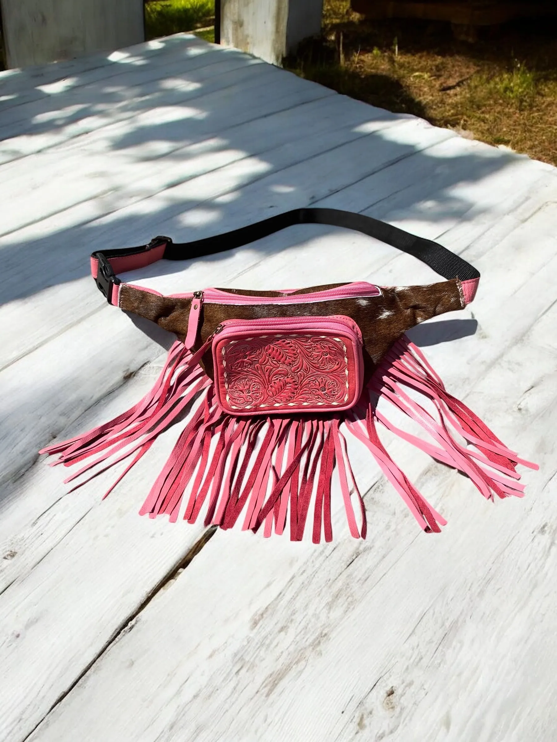 Pink Cowhide & Tooled Leather Fringe Fanny Pack