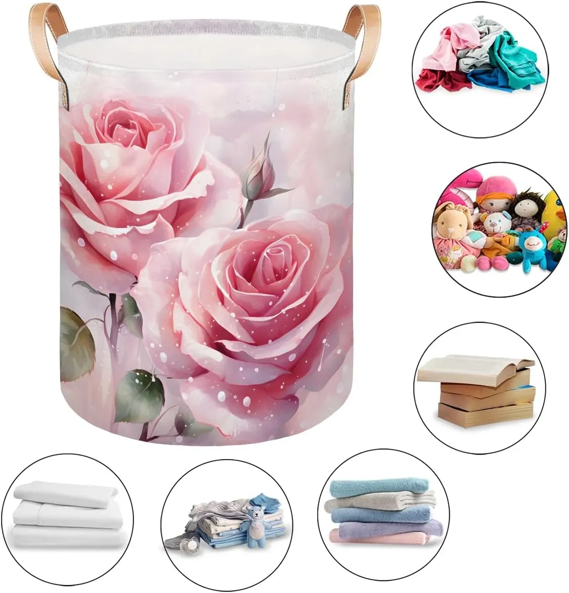 Pink Rose Laundry Hamper with Handles, Large Collapsible Laundry Basket Waterproof Decorative Washing Bag for Clothes, Bathroom, Bedrooms, Laundry Room