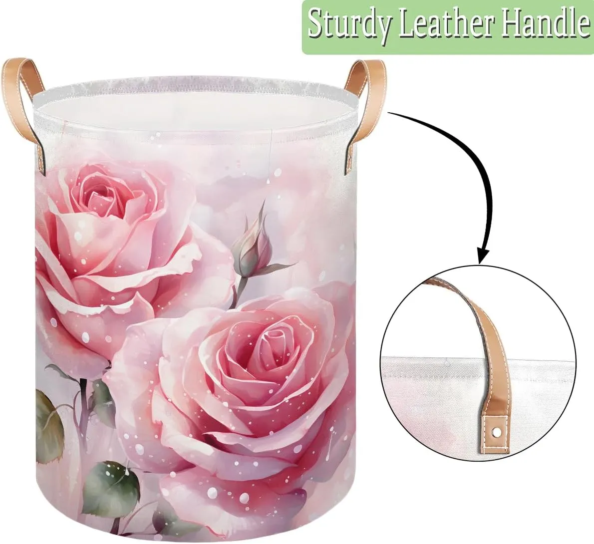 Pink Rose Laundry Hamper with Handles, Large Collapsible Laundry Basket Waterproof Decorative Washing Bag for Clothes, Bathroom, Bedrooms, Laundry Room