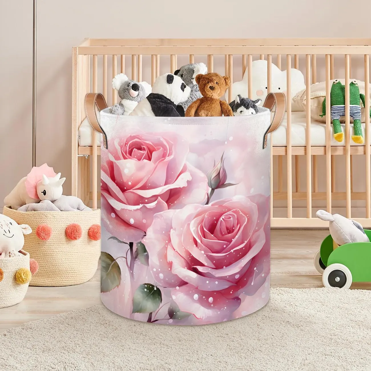 Pink Rose Laundry Hamper with Handles, Large Collapsible Laundry Basket Waterproof Decorative Washing Bag for Clothes, Bathroom, Bedrooms, Laundry Room