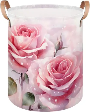 Pink Rose Laundry Hamper with Handles, Large Collapsible Laundry Basket Waterproof Decorative Washing Bag for Clothes, Bathroom, Bedrooms, Laundry Room