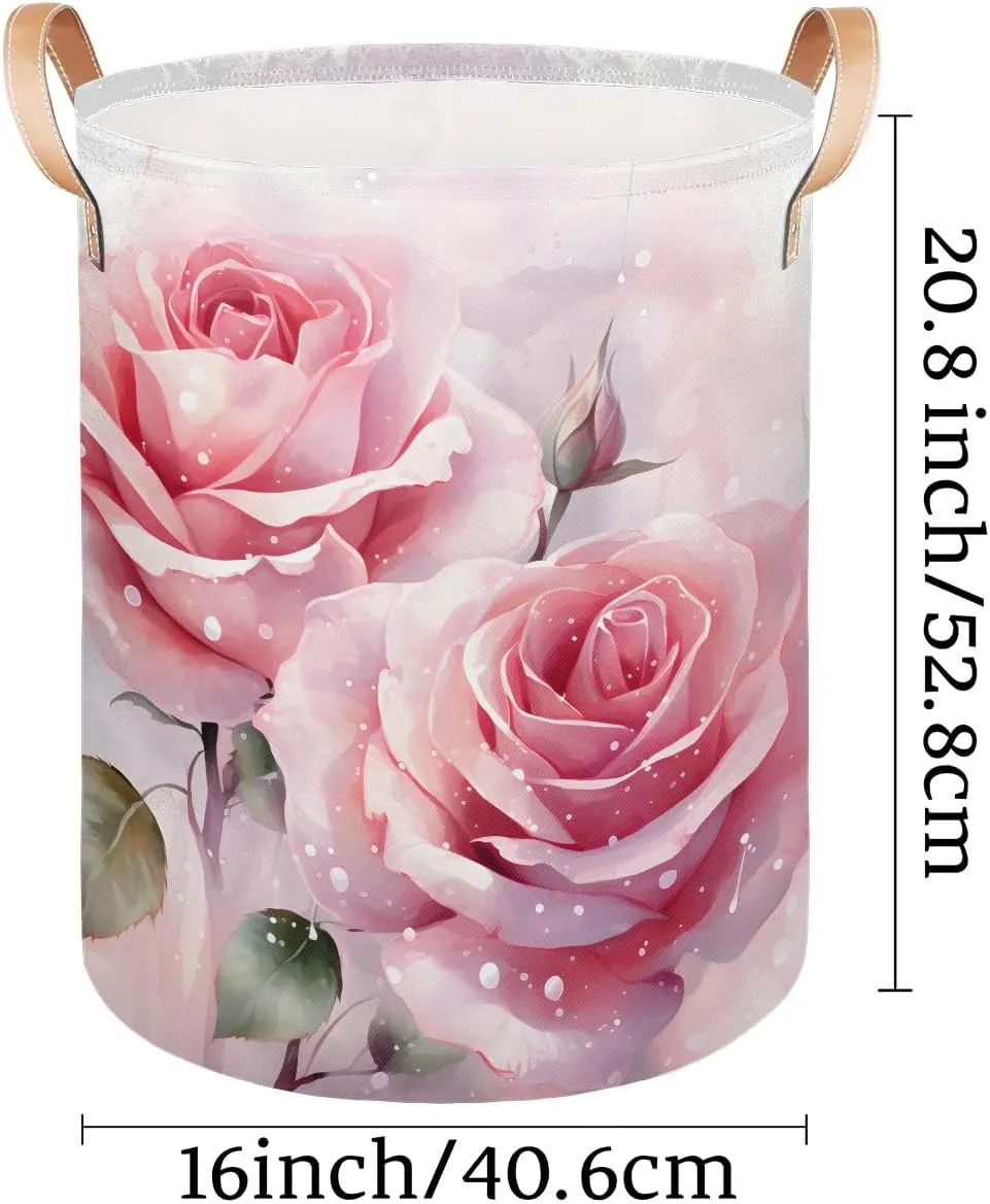 Pink Rose Laundry Hamper with Handles, Large Collapsible Laundry Basket Waterproof Decorative Washing Bag for Clothes, Bathroom, Bedrooms, Laundry Room