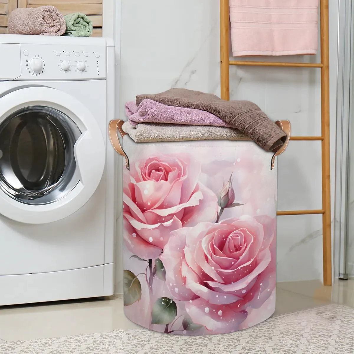 Pink Rose Laundry Hamper with Handles, Large Collapsible Laundry Basket Waterproof Decorative Washing Bag for Clothes, Bathroom, Bedrooms, Laundry Room