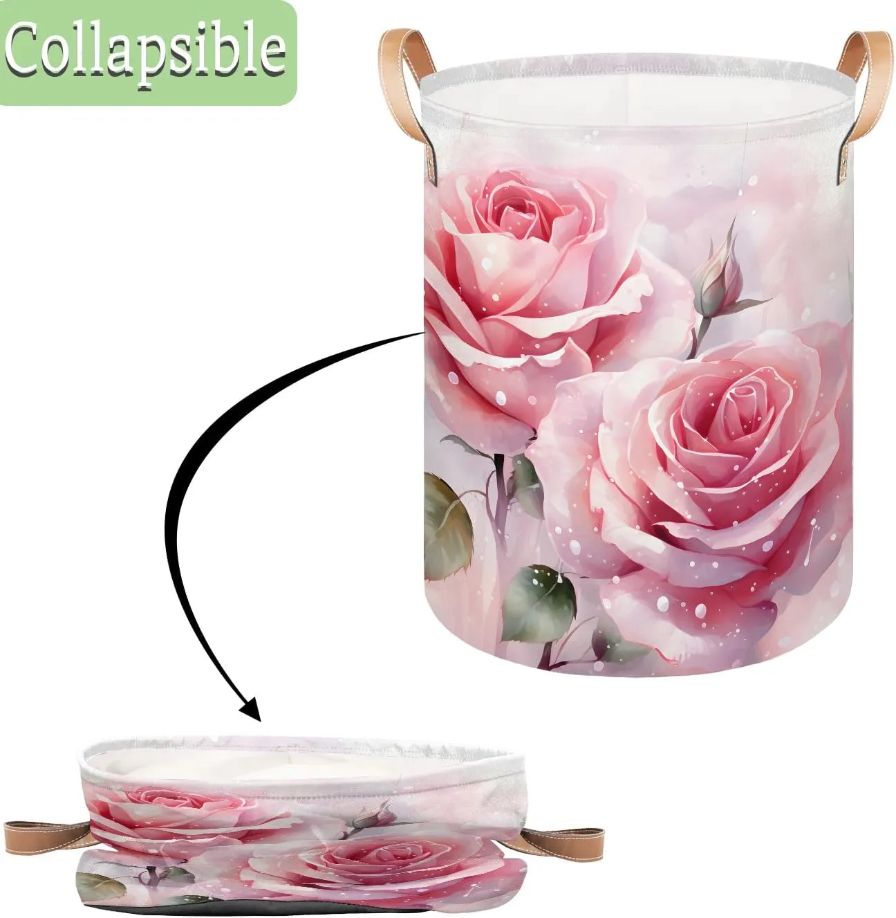 Pink Rose Laundry Hamper with Handles, Large Collapsible Laundry Basket Waterproof Decorative Washing Bag for Clothes, Bathroom, Bedrooms, Laundry Room