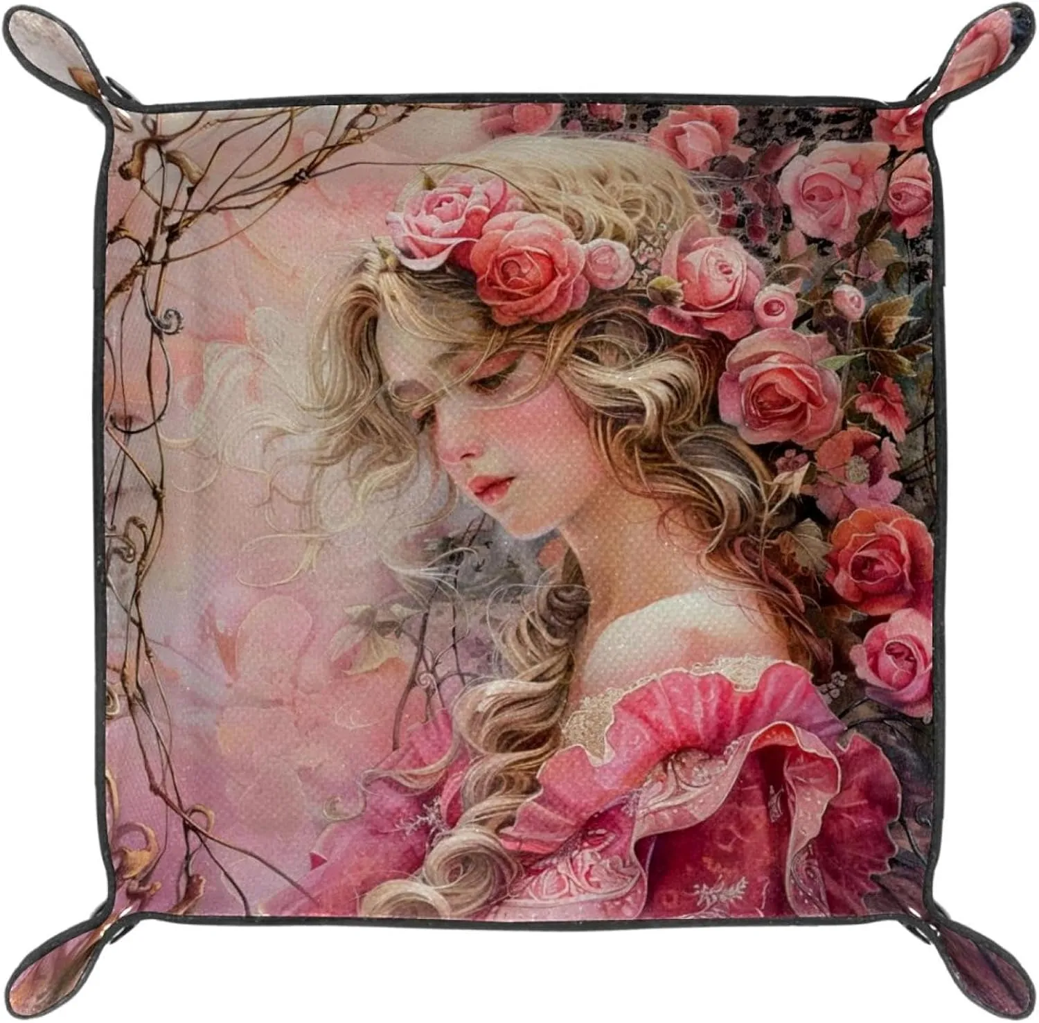 Pink Rose Princess Stacking Jewelry Organizer Trays, Small Drawer Organizer Tray for Earrings, Bracelets, Rings, Key Tray for Entryway Table, Decorative and Functional, 16x16cm, snh-001