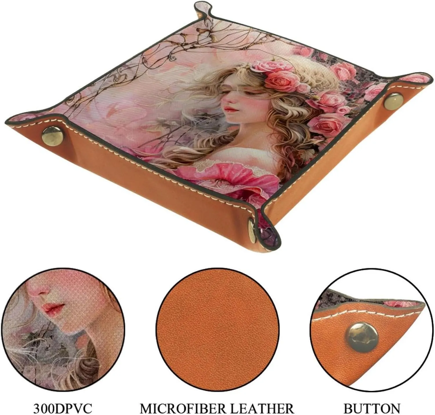 Pink Rose Princess Stacking Jewelry Organizer Trays, Small Drawer Organizer Tray for Earrings, Bracelets, Rings, Key Tray for Entryway Table, Decorative and Functional, 16x16cm, snh-001
