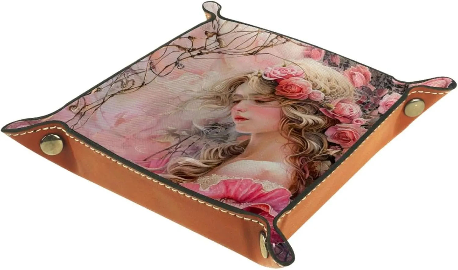 Pink Rose Princess Stacking Jewelry Organizer Trays, Small Drawer Organizer Tray for Earrings, Bracelets, Rings, Key Tray for Entryway Table, Decorative and Functional, 16x16cm, snh-001