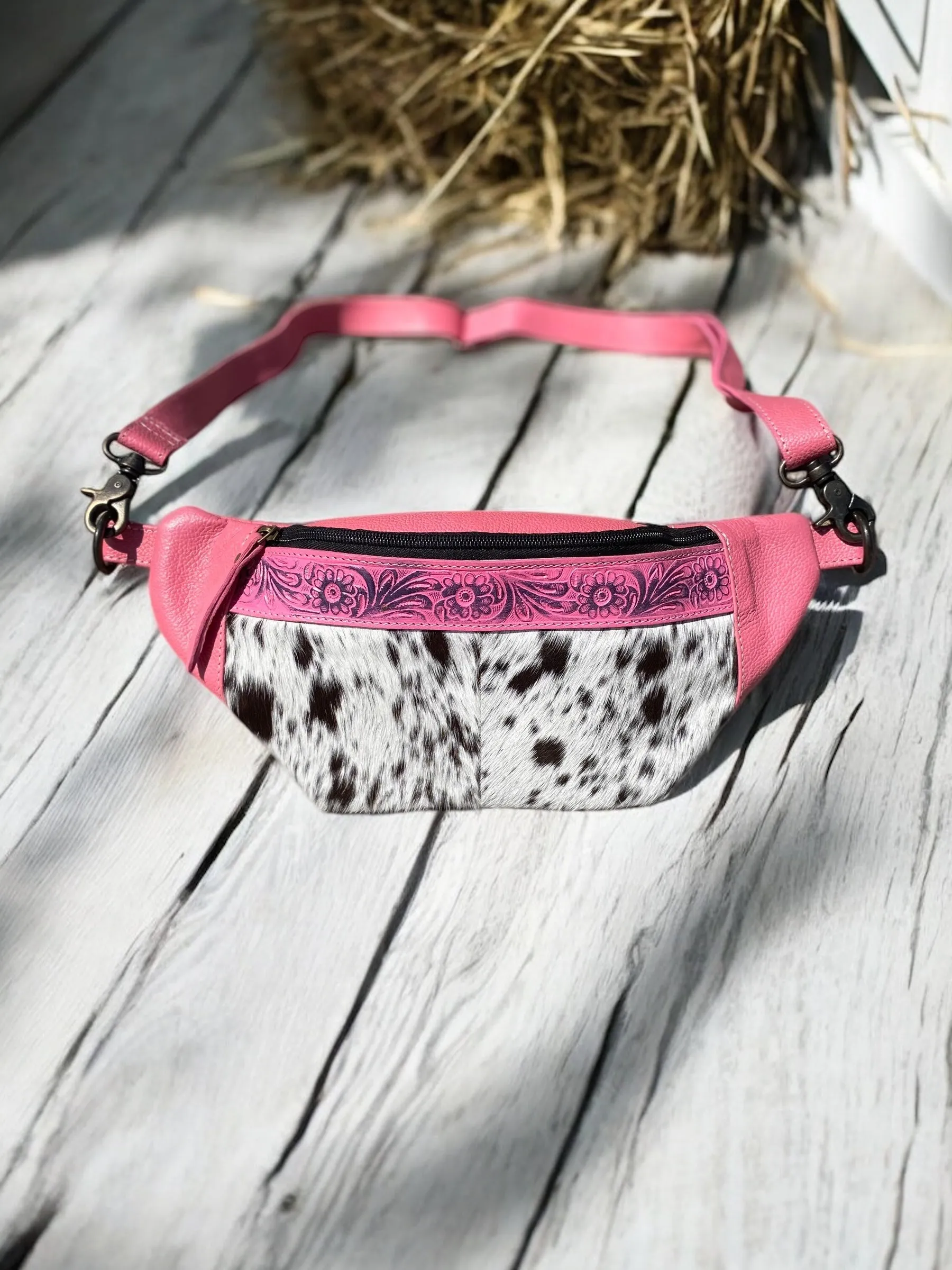 Pink Tooled Leather Cowhide Fanny Pack