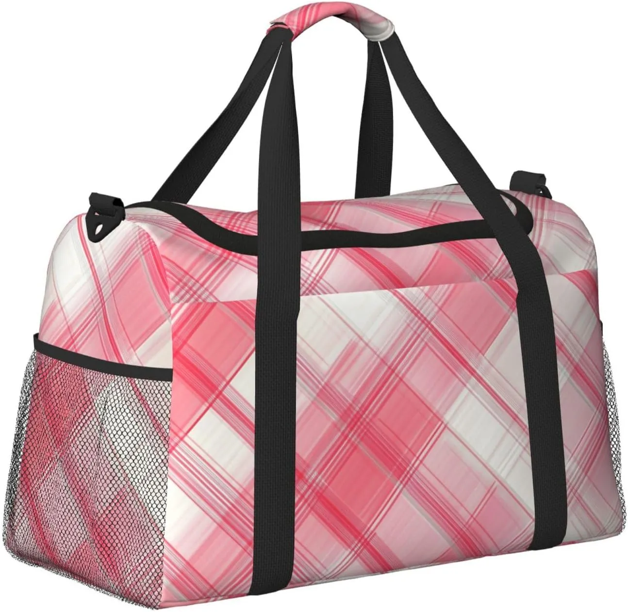 Pink White Plaid Duffle Bag Foldable Travel Tote Bag Carry On Large Weekender Overnight Bags Waterproof Gym Bag For Women Men