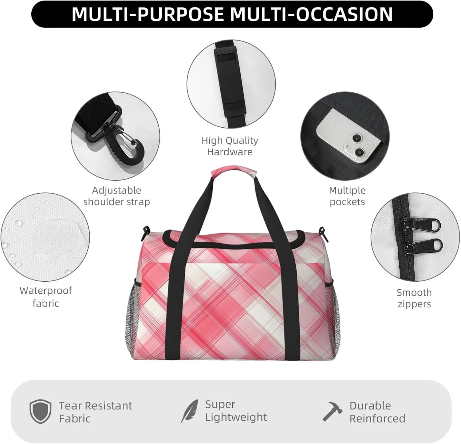 Pink White Plaid Duffle Bag Foldable Travel Tote Bag Carry On Large Weekender Overnight Bags Waterproof Gym Bag For Women Men