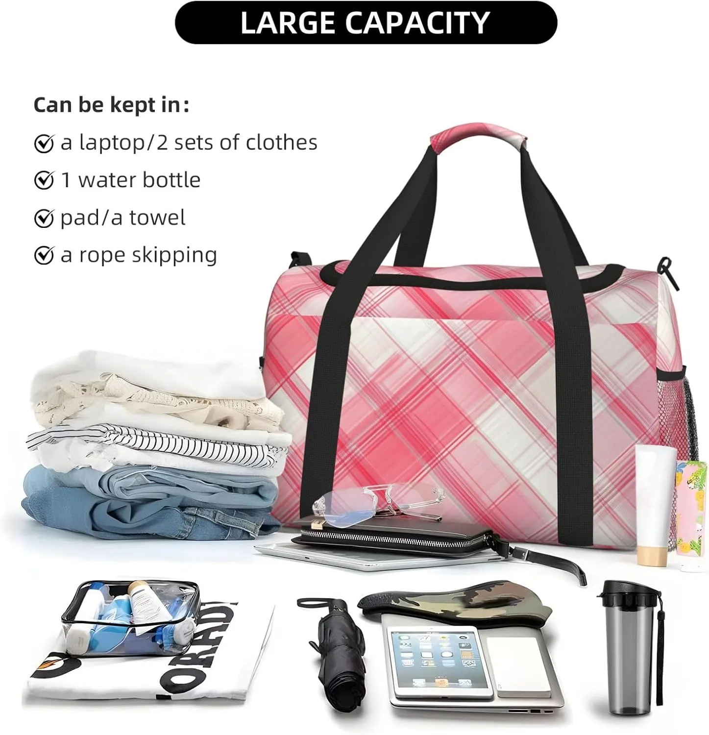 Pink White Plaid Duffle Bag Foldable Travel Tote Bag Carry On Large Weekender Overnight Bags Waterproof Gym Bag For Women Men