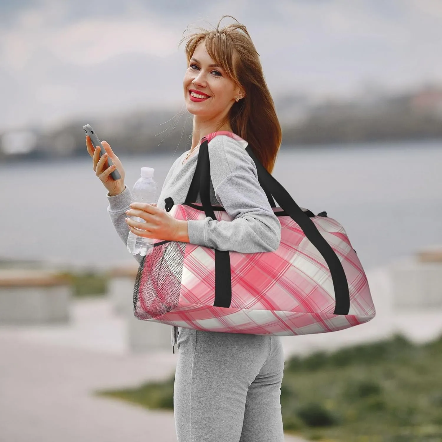 Pink White Plaid Duffle Bag Foldable Travel Tote Bag Carry On Large Weekender Overnight Bags Waterproof Gym Bag For Women Men