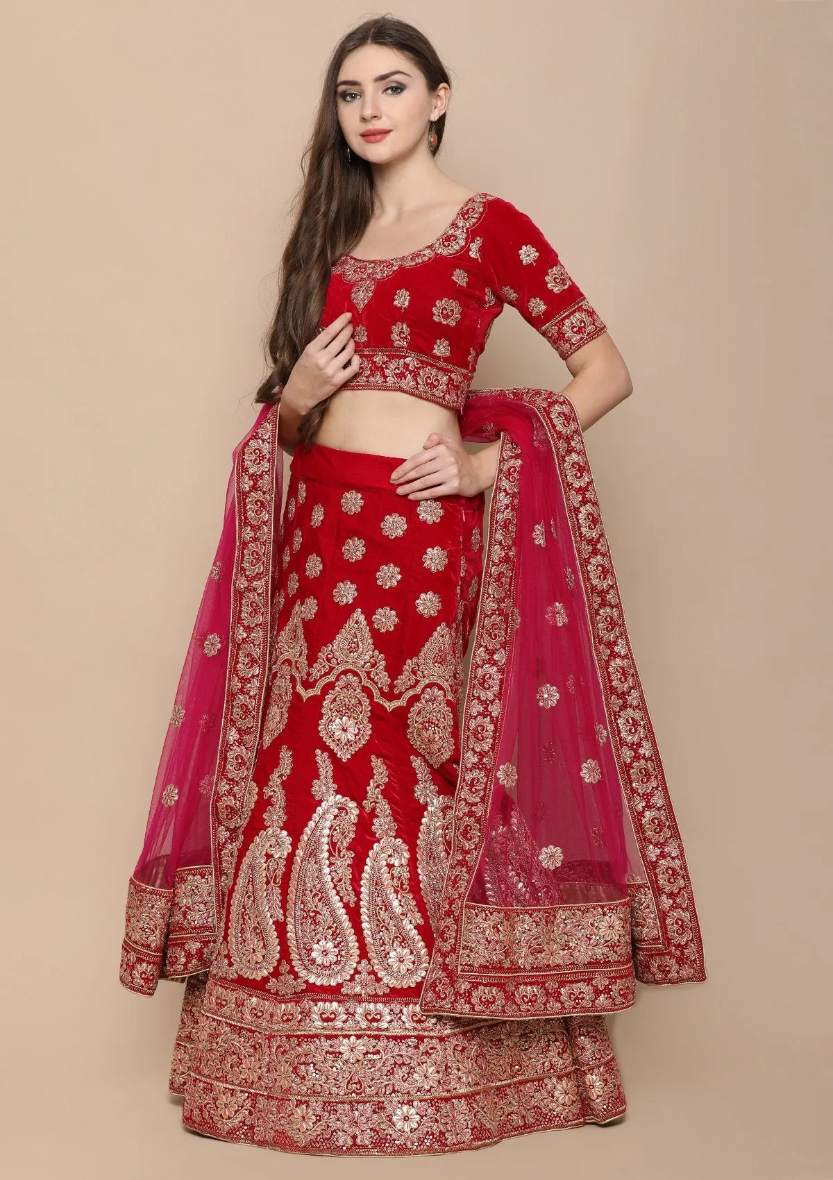 Pink Zariwork Velvet Semi Stitched Lehenga