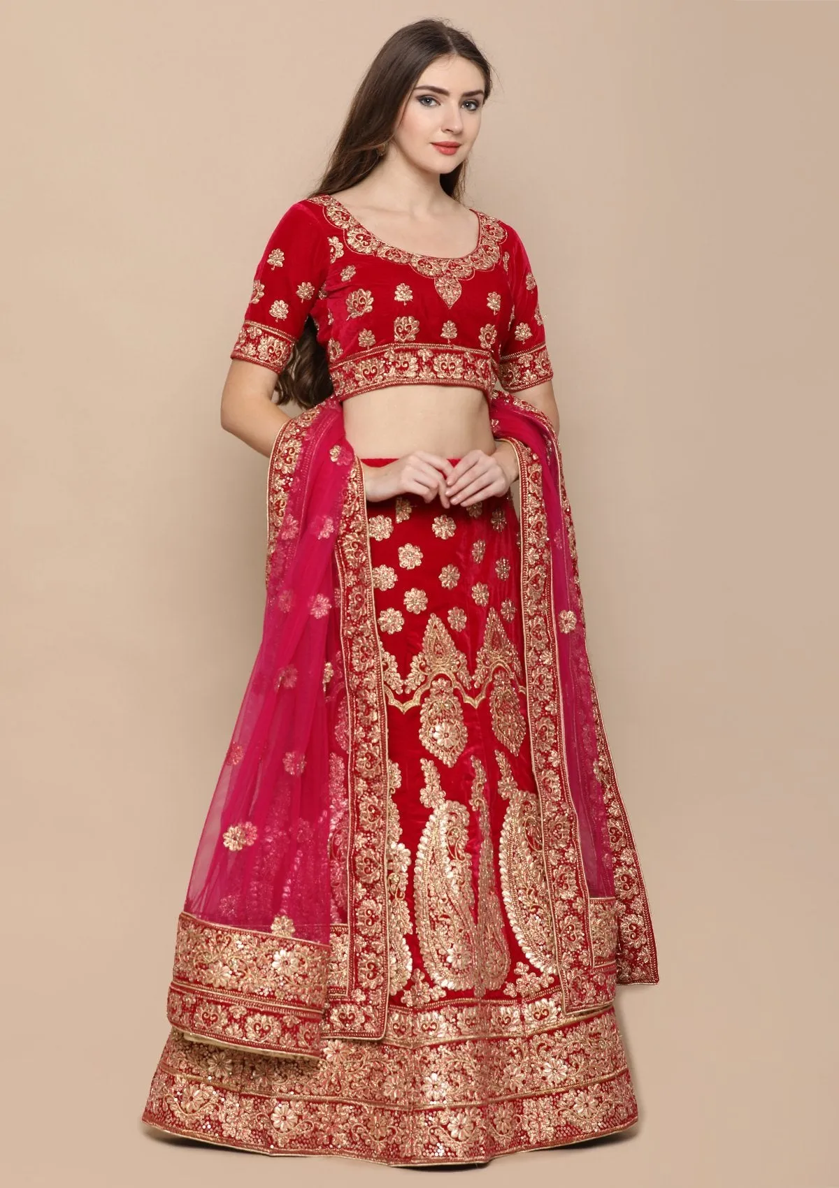 Pink Zariwork Velvet Semi Stitched Lehenga
