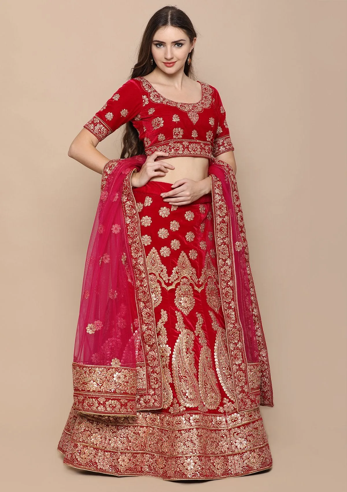 Pink Zariwork Velvet Semi Stitched Lehenga