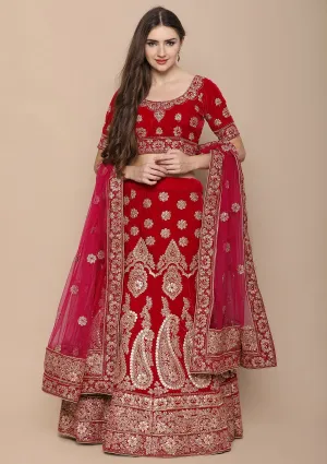 Pink Zariwork Velvet Semi Stitched Lehenga