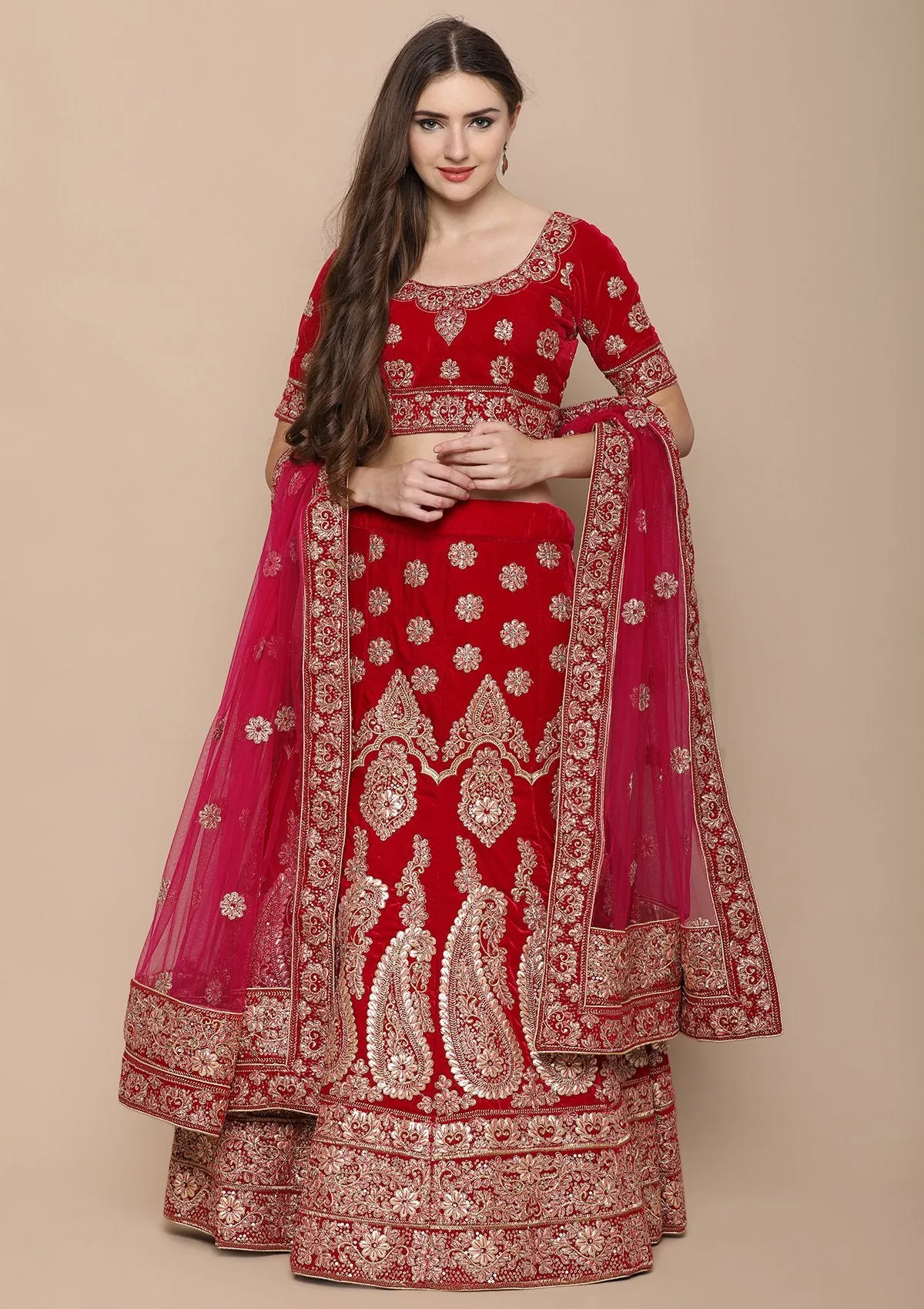 Pink Zariwork Velvet Semi Stitched Lehenga