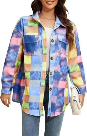 Plus Size Flannel Lapel Jacket Blouse Oversized Fall Shacket for Women Ladies Long Sleeve Fall Coat Plaid Long Shirt