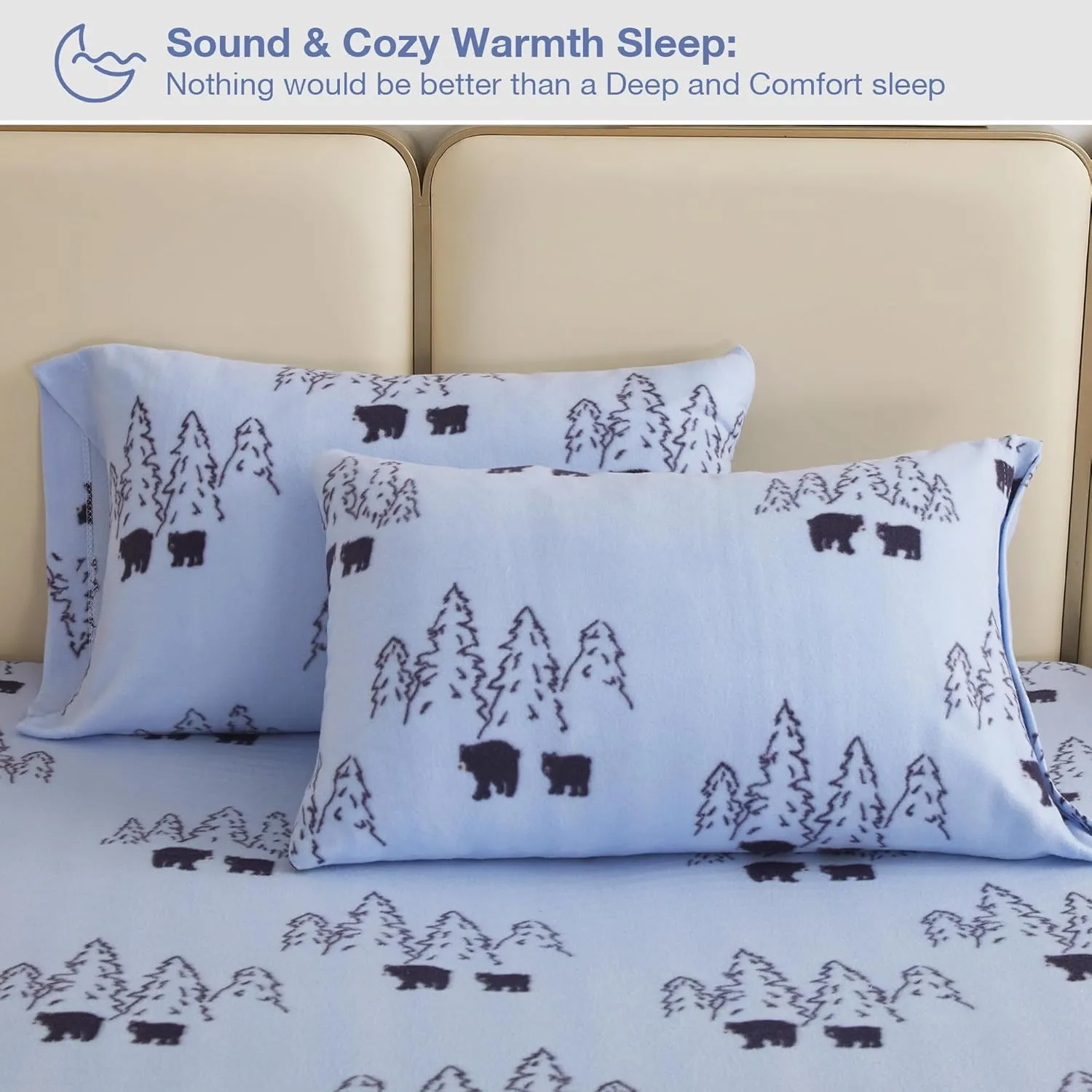 Plush Micro Fleece Queen Bed Sheet Set, 4 Piece Polar Fleece Velvet Sheets with 15" Deep Pocket Fitted Sheet, Flat Sheet and Pillowcase, Warm and Soft, Bear Print