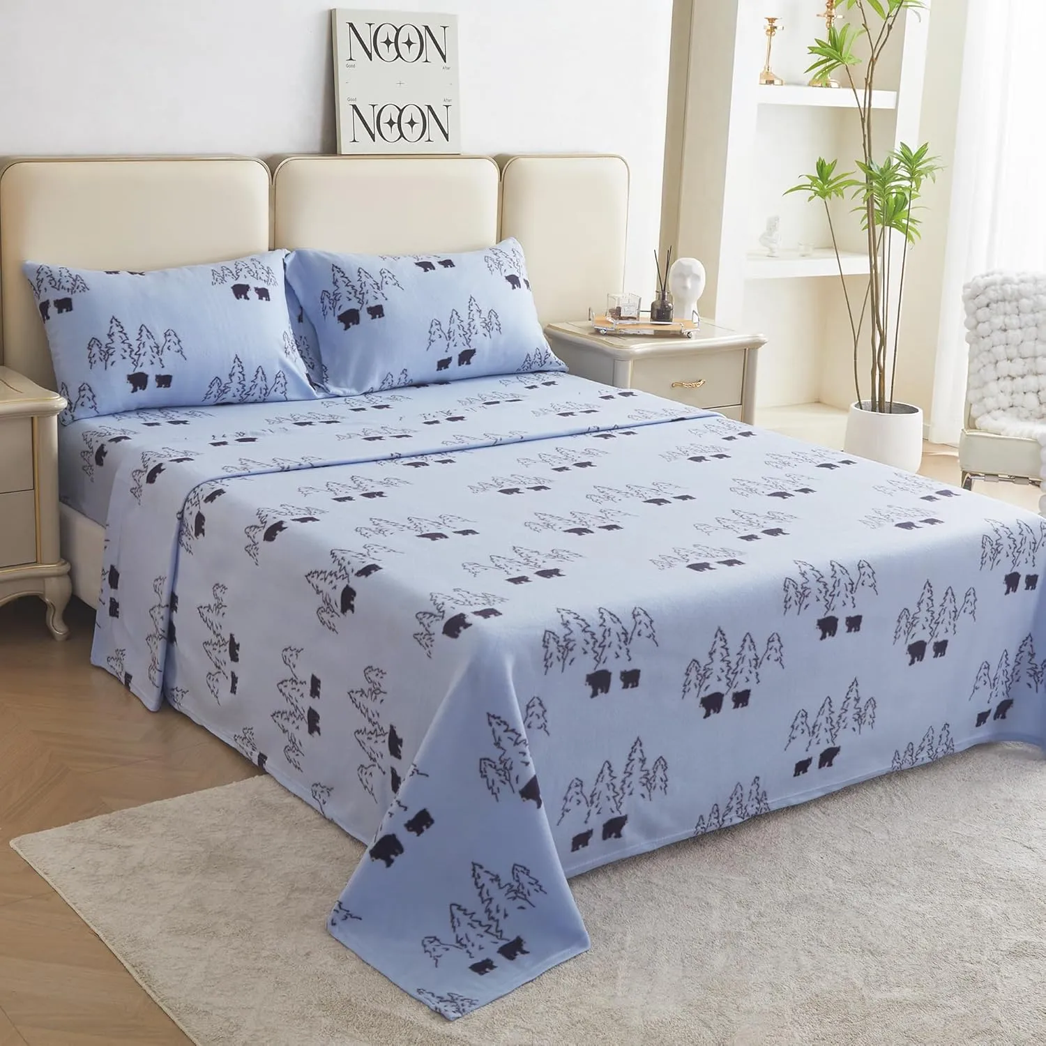Plush Micro Fleece Queen Bed Sheet Set, 4 Piece Polar Fleece Velvet Sheets with 15" Deep Pocket Fitted Sheet, Flat Sheet and Pillowcase, Warm and Soft, Bear Print