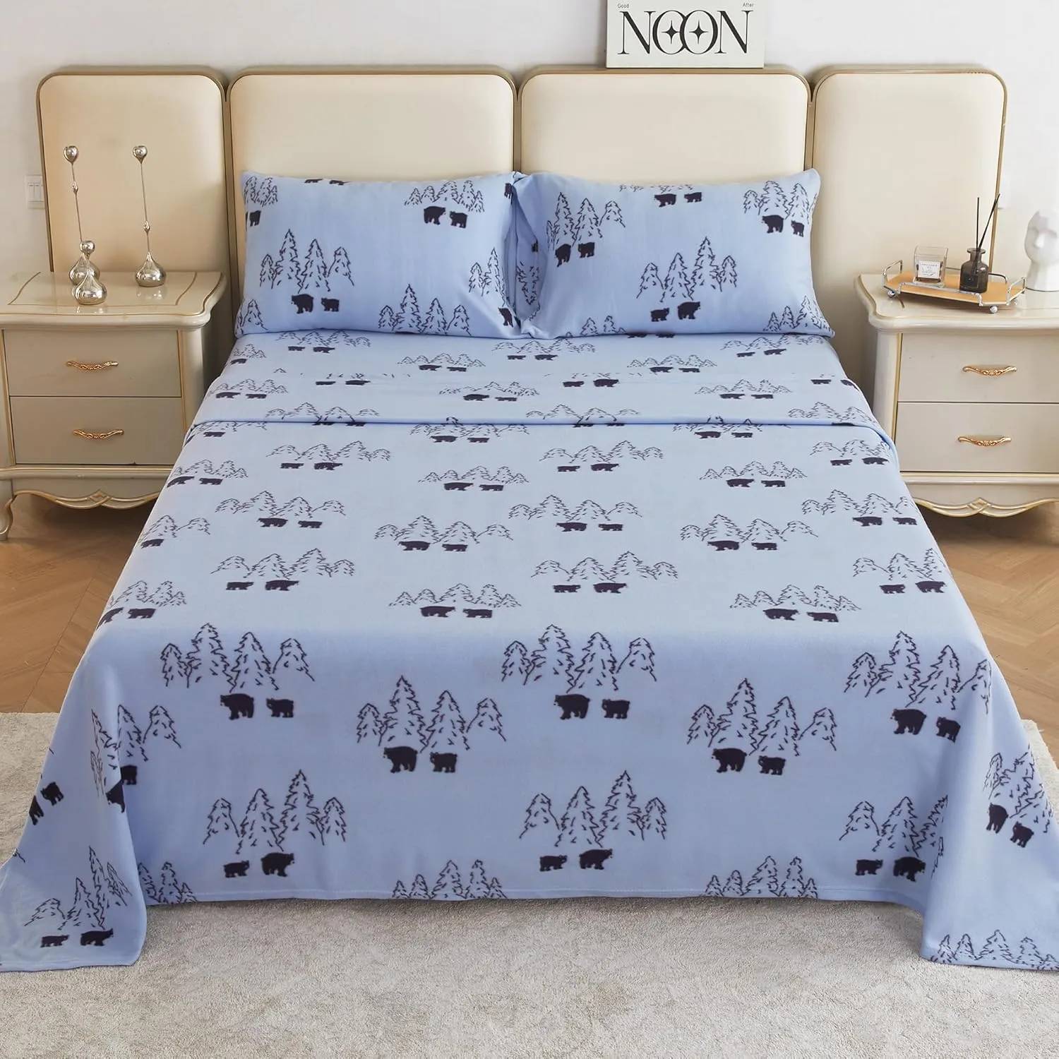 Plush Micro Fleece Queen Bed Sheet Set, 4 Piece Polar Fleece Velvet Sheets with 15" Deep Pocket Fitted Sheet, Flat Sheet and Pillowcase, Warm and Soft, Bear Print