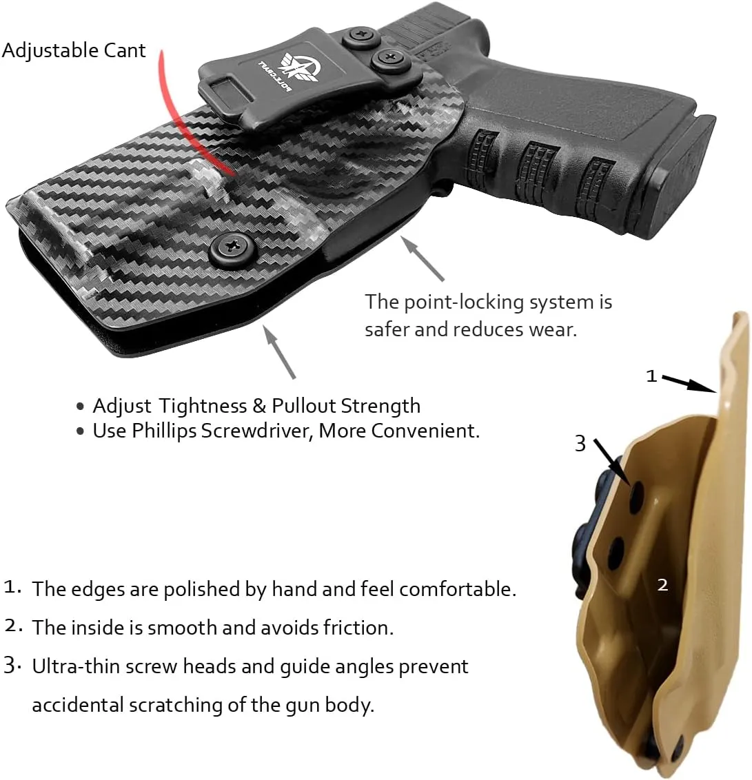 POLE.CRAFT IWB Kydex Holster Custom Fit: Glock 19 19X 25 44 45 (Gen 1 2 3 4 5) & Glock 23 32 (Gen 3 4) - Inside Waistband Carry - Adj. Cant Retention, Cover Mag-Button, No Wear, No Jitter