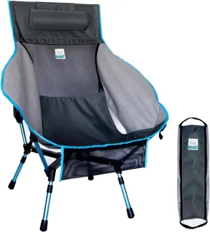 Portable Camping Chair with Adjustable Height, High Back, Pillow, and Side Pocket - Ultralight Foldable Chair for Beach, Backpacking, and Outdoor Adventures