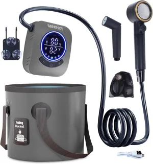 Portable Camping Shower Pump, 5 Speed Mode, 8000mAh Rechargeable Shower Pump, 4 Mode Shower Head and 20 L Foldable Bucket, Camp Shower for Hiking,Travel Beach, Pet Bath, Car Washing