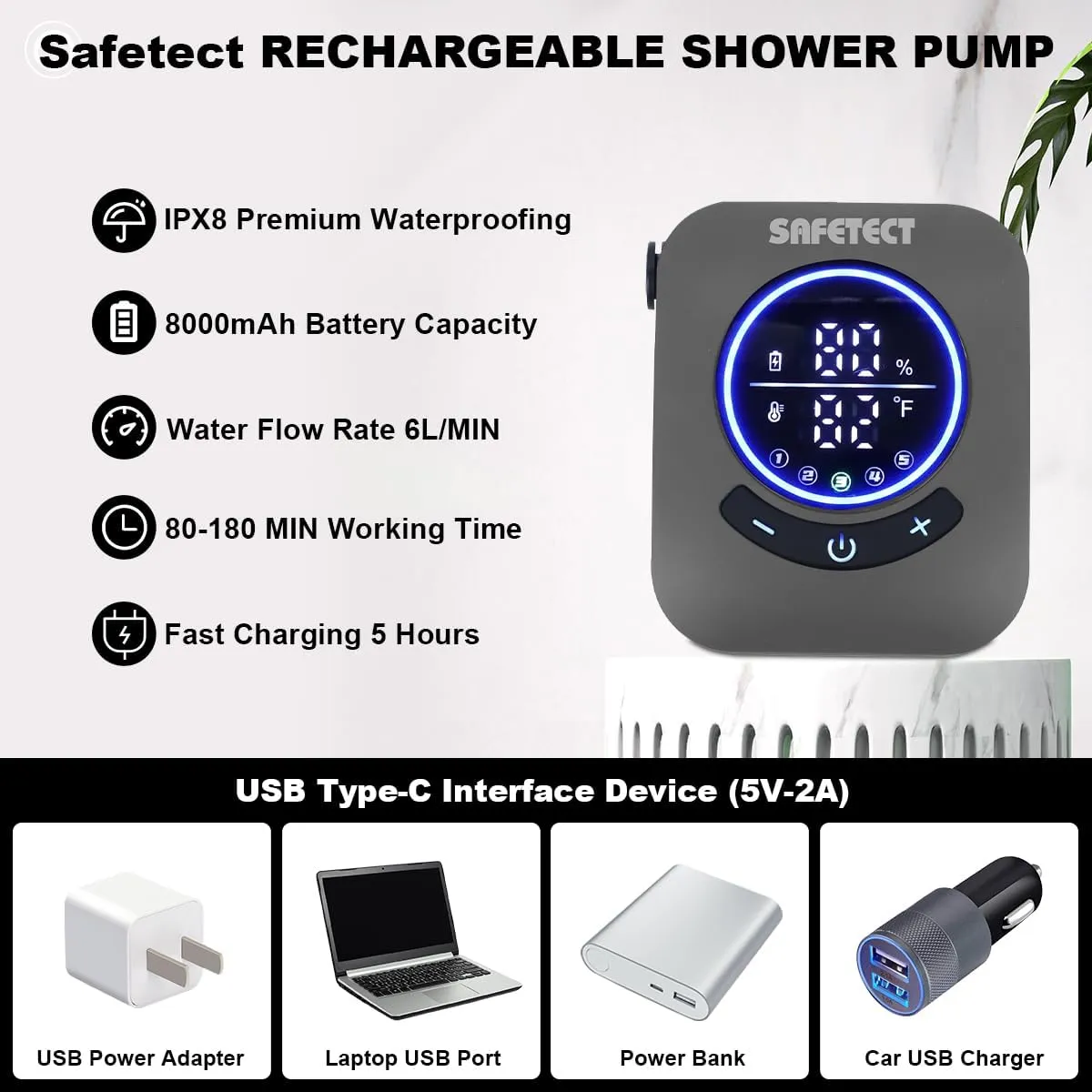 Portable Camping Shower Pump, 5 Speed Mode, 8000mAh Rechargeable Shower Pump, 4 Mode Shower Head and 20 L Foldable Bucket, Camp Shower for Hiking,Travel Beach, Pet Bath, Car Washing