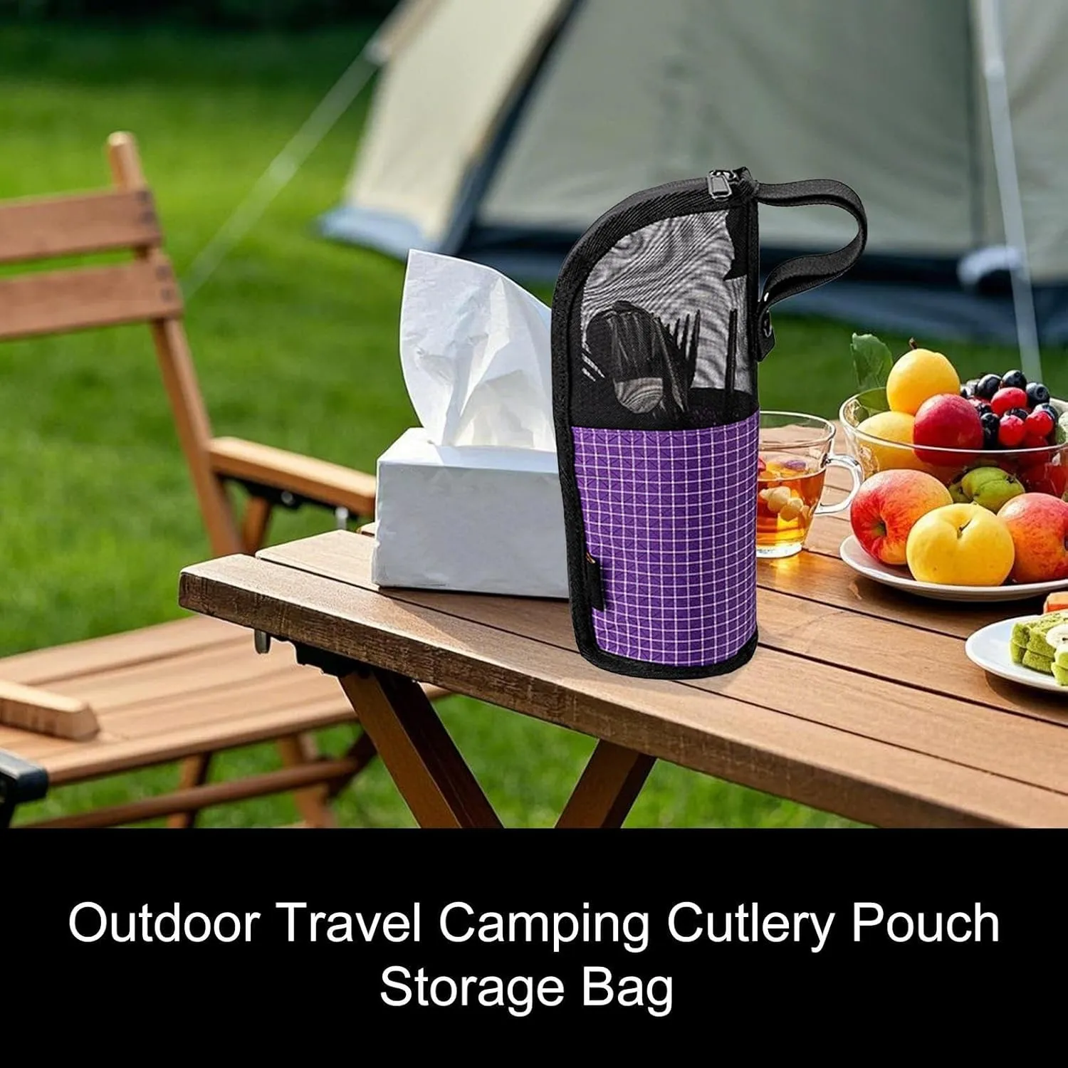 Portable Cutlery Box - Travel Cutlery Pouch | Cutlery Storage Bag | Utensil Carrying Case | Reusable Utensil Case for Spoon Chopsticks Lunch Box Outdoor Camping Hiking Fishing BBQ, Purple, 25x10cm