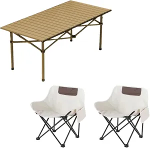 Portable Picnic Table with Seats for More People, Folding Roll up Carbon Steel Camping Compact Table Collapsible Lightweight Lawn Chair for Garden Patio, 3pcs - White - 120cm
