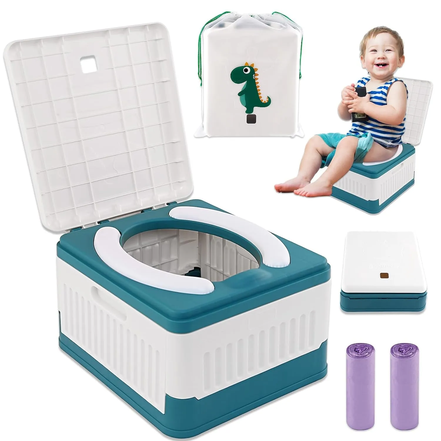 Portable Potty for Toddler Travel, Foldable Travel Potty Training Toilet Seat for Kids Boys Girls, Emergency Mobile Toilet In Car for Camping Outdoor Indoor, with 30 Disposable Bags, Blue
