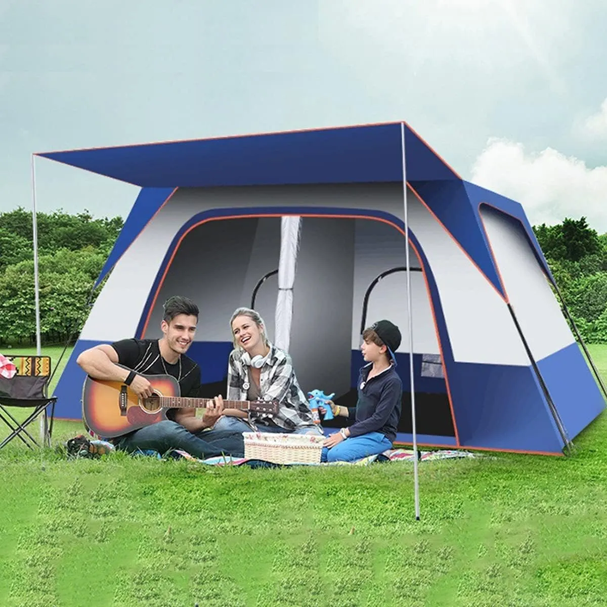 Portable Tent 4-8 Person Campitents, Thick Rainproof Outdoor Family Tent, Divided Curtain for Separated Room, 2 Large Mesh, Double Layer Cabin Tent
