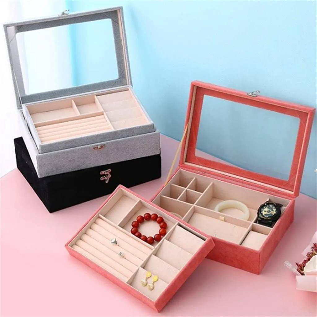 Portable Velvet Carrying Case with Glass Jewelry Display Tray Holder Storage Box Organizer Earrings Necklaces(D)