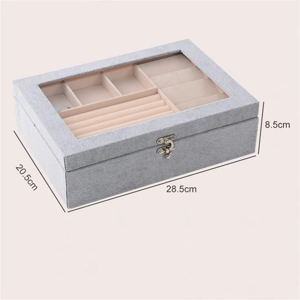 Portable Velvet Carrying Case with Glass Jewelry Display Tray Holder Storage Box Organizer Earrings Necklaces(D)