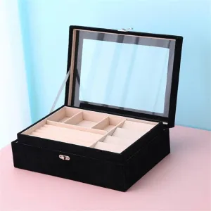 Portable Velvet Carrying Case with Glass Jewelry Display Tray Holder Storage Box Organizer Earrings Necklaces(D)