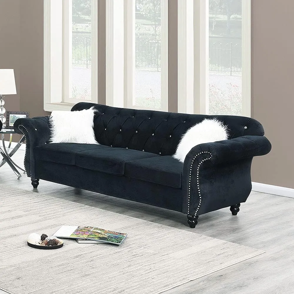 Poundex Black Sofa with Button Tufted Back