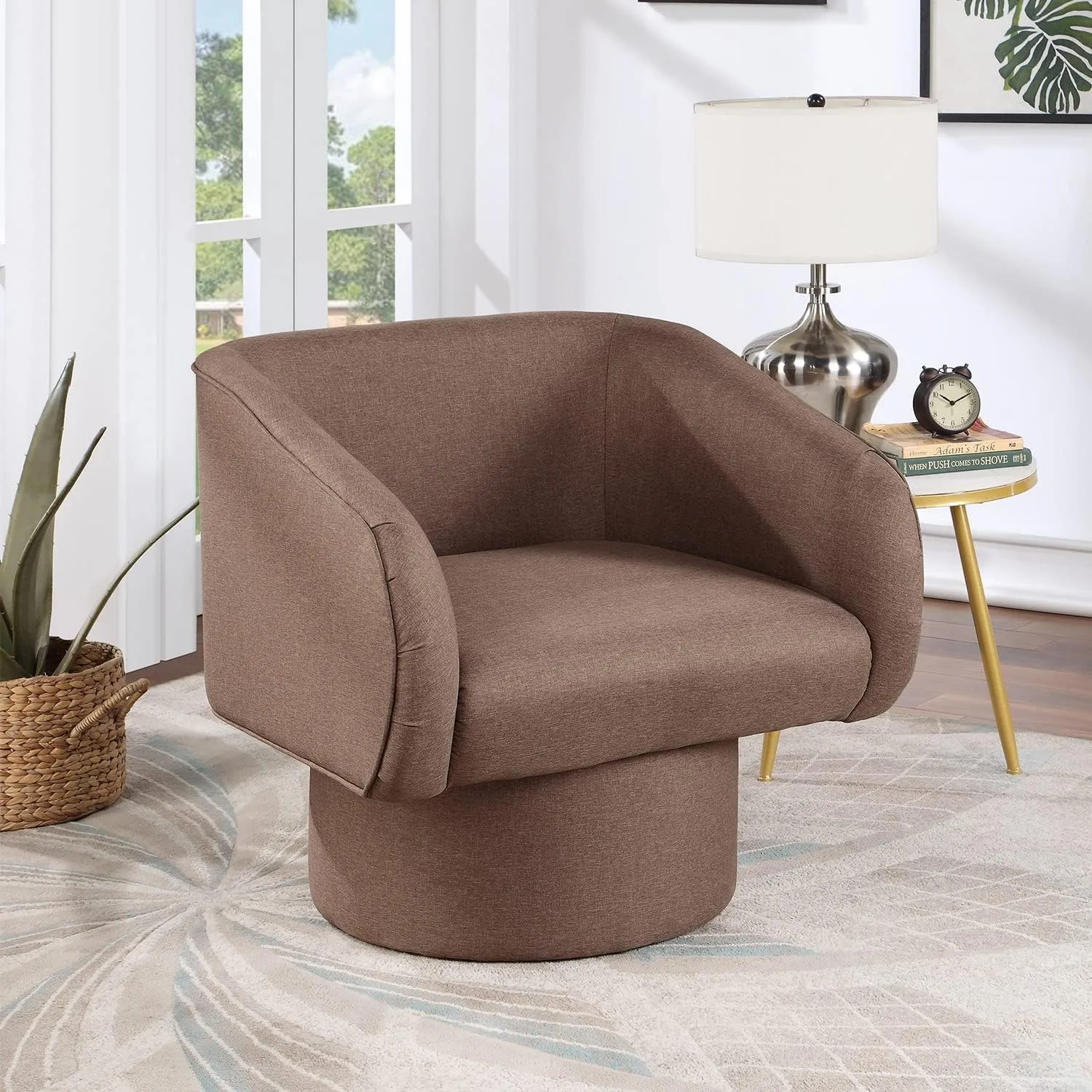 Poundex Swivel Accent Chair with Round Base, Light Coffee