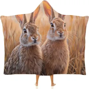 Prairies Hare Rabbits Cozy Hooded Blanket Wearable Soft Wrap Throw Cape for Sofa Camping Gifts