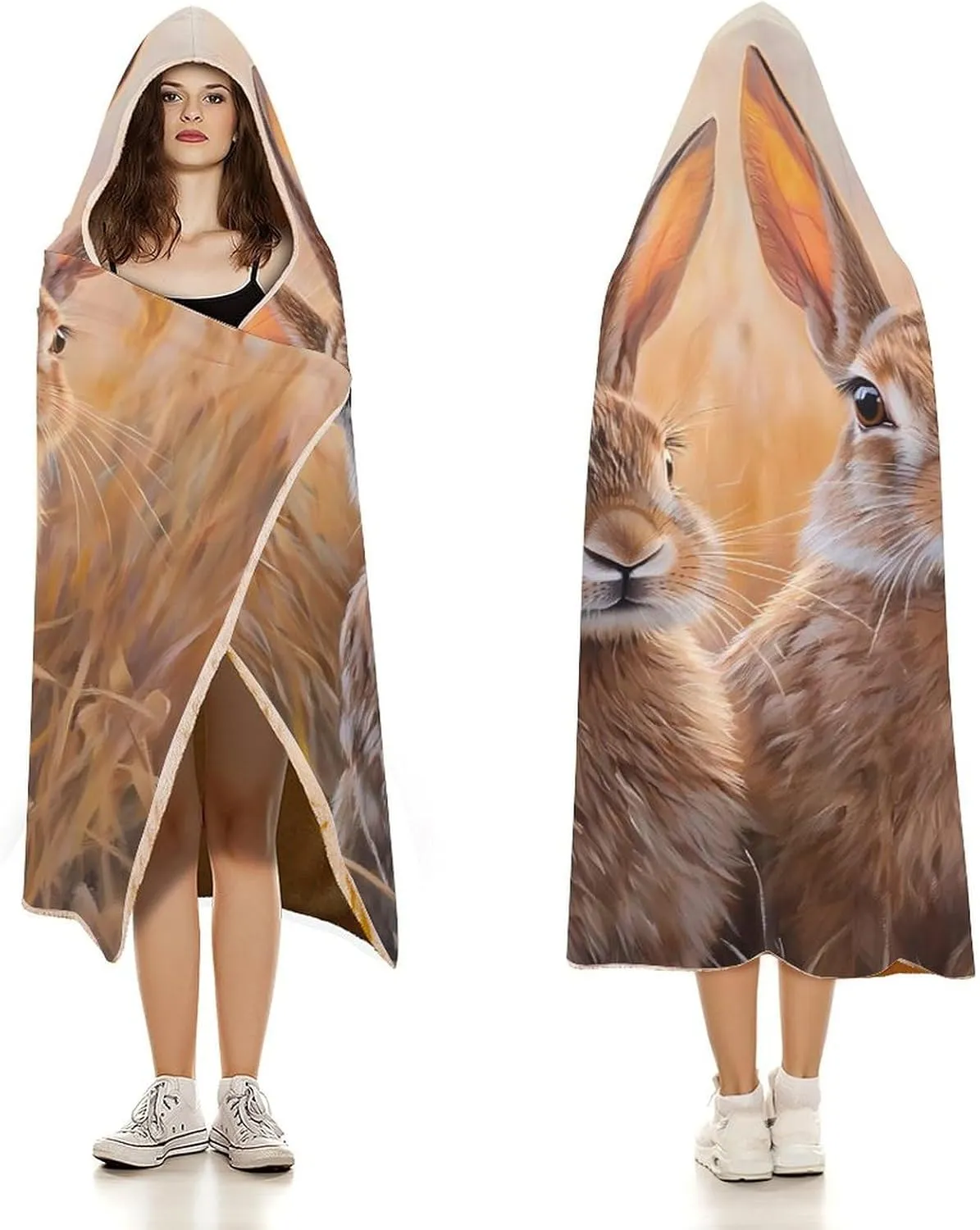 Prairies Hare Rabbits Cozy Hooded Blanket Wearable Soft Wrap Throw Cape for Sofa Camping Gifts