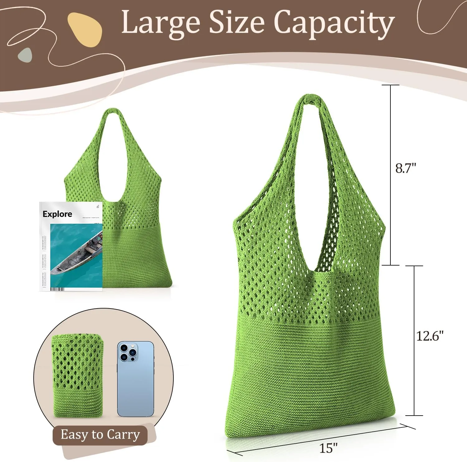 Premillow Crochet Beach Tote Bags, Stylish Mesh Beach Bags Shoulder Bag for Women, Cute Summer Vacation Boho Tote Bag
