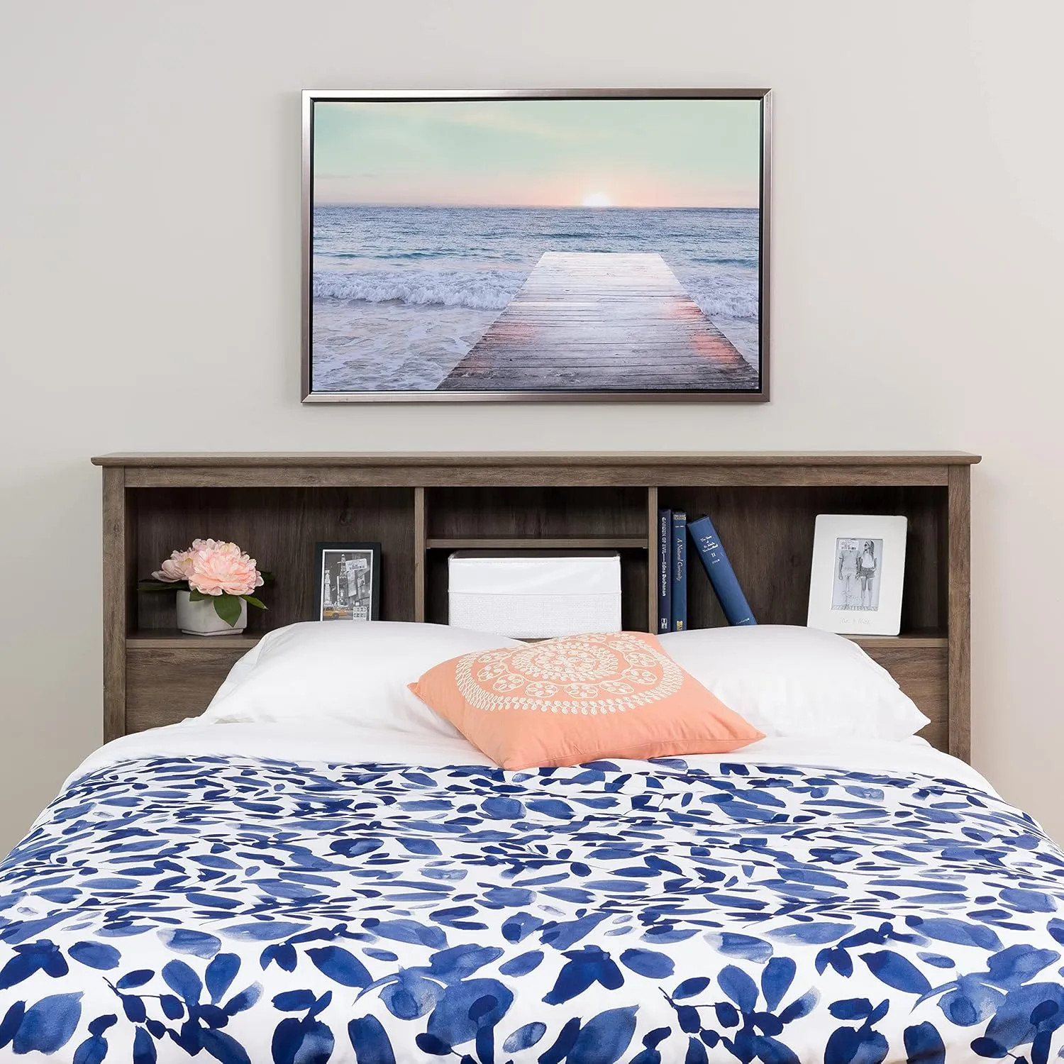Prepac Salt Spring Rustic Full/Queen Headboard with Bookcase, Farmhouse Bookcase Headboard for Full/Queen Beds 11" D x 65.75" W x 43" H, Drifted Gray, DSH-6643-V