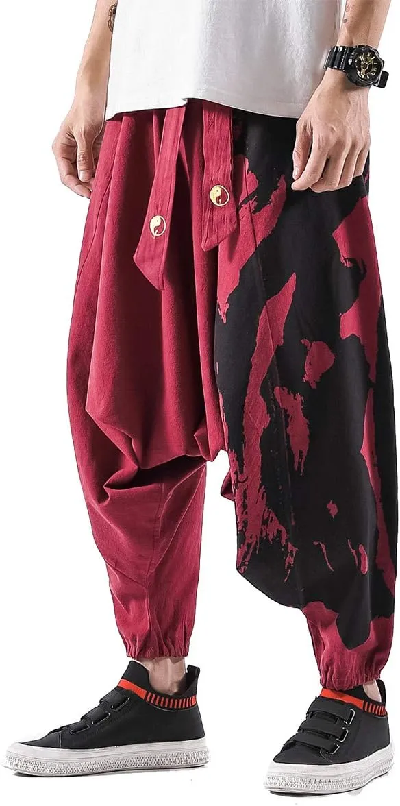 PRIJOUHE Men's Harem Pants, Baggy Wide Leg Hip Hop Pants, Cotton
