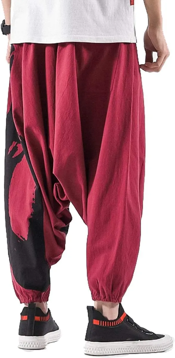 PRIJOUHE Men's Harem Pants, Baggy Wide Leg Hip Hop Pants, Cotton