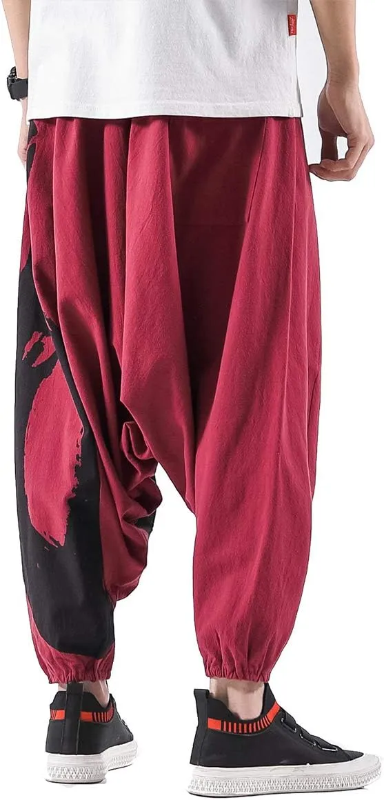 PRIJOUHE Men's Harem Pants, Baggy Wide Leg Hip Hop Pants, Cotton