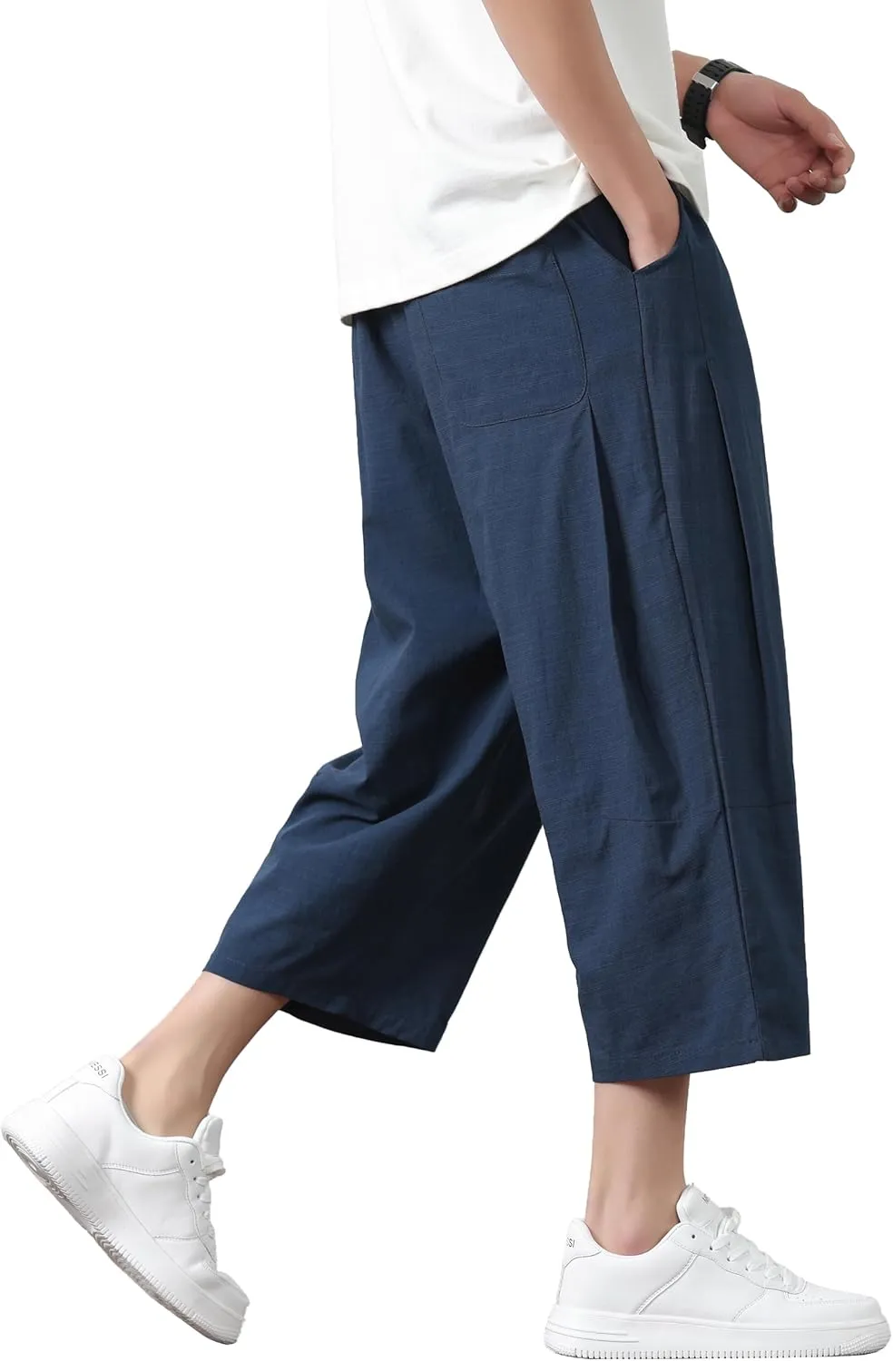 PRIJOUHE Mens Harem Pants Casual Lightweight Loose Fit Capri Pants Linen Beach Pants with Elastic Waistband
