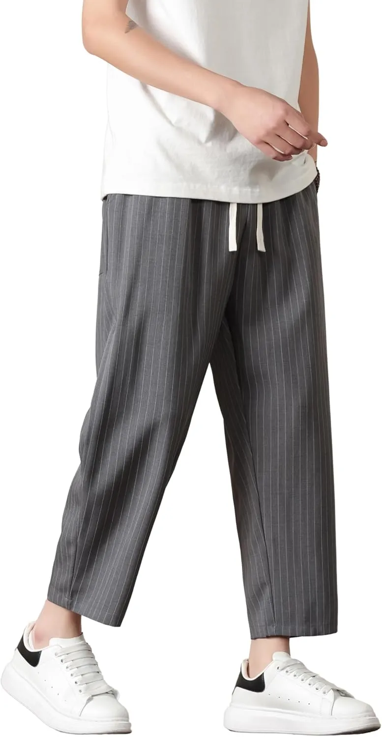 PRIJOUHE Mens Harem Pants Casual Lightweight Loose Fit Capri Pants Linen Beach Pants with Elastic Waistband