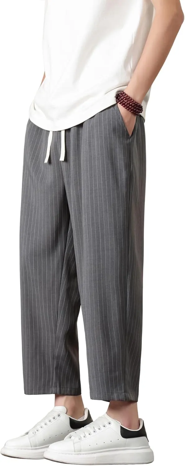 PRIJOUHE Mens Harem Pants Casual Lightweight Loose Fit Capri Pants Linen Beach Pants with Elastic Waistband